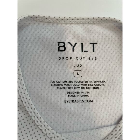 BYLT LUX Size L Drop Cut T-Shirt White Gray Dots Short Sleeves - Picture 3 of 5